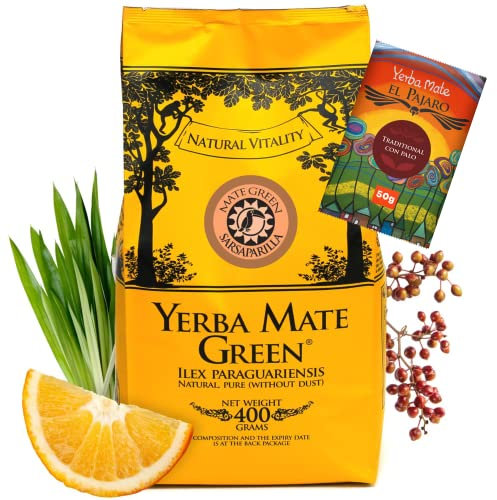 Yerba Mate Green 'Sarsaparilla' Brasilianischer Mate-Tee 400g + 50g El Pajaro ● Süß und Erfrischend Mate Tee ● mit Sarsaparillablätter, Zitronengras ● Hohe Qualität ● Stark anregender MateTee