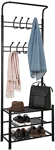 Youyijia Coat Stand Coat Rack for Hallway 185cm High Metal Hall Tree Garment Rack Shoe Hat Rack Stand Entryway Storage Organiser with 9 Hooks 3 Shelves Clothe Hangers Black