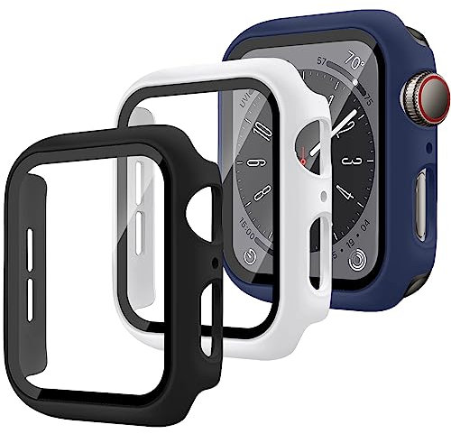 SOLOLUP 3 Pezzi Cover per Apple Watch Series 6/5/4/SE 44mm Vetro Temperato Pellicola Protettiva,Cover Completa PC Rigido Case Protettiva per Apple Watch 44mm Custodia,Nero/Bianco/Blu notte