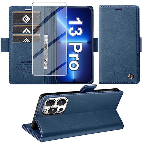 Giyer Handyhülle für iPhone 13 Pro Hülle mit Displayschutzfolie, Leder Wallet Kartenfach Ständer Tasche Schutzhülle für iPhone 13 Pro 5G Flip Case Kameraschutz Bumper Vollschutz Klapphülle (Blau)