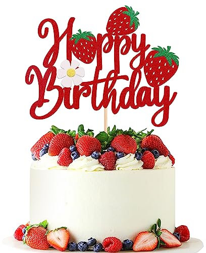 1 paquete de decoración para tarta de cumpleaños con purpurina para decoración de tartas de fresa temática de frutas, baby shower, fiesta de cumpleaños de niños, suministros de decoración de pasteles