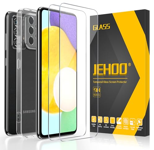 JEHOO 3 in 1 Klar Hülle für Samsung Galaxy A52, mit 2 Stück Panzer Schutz Glas, Dünne Weiche TPU Silikon Transparent Stoßfest Schutzhülle Durchsichtige Handyhülle Kratzfest Case
