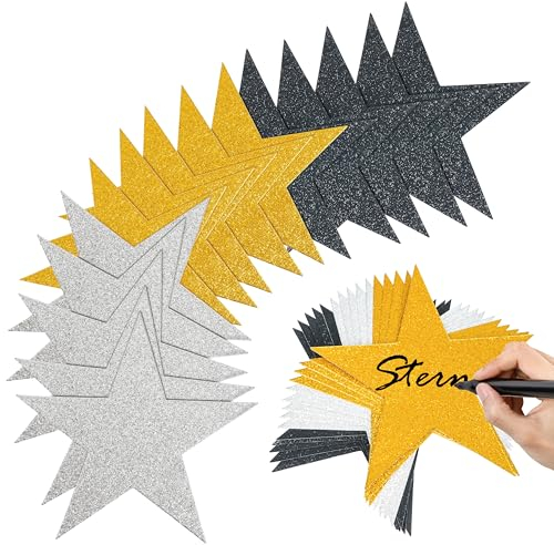 Winter Shore Glitzer Sterne zum Aufkleben für Pinnwand [90 Pack] - Sterne Gold, Schwarz & Silber, je 30 Stück - Doppelseitige Stern Deko aus Karton für Klassenzimmer, Partys, Sterne Basteln - 15 cm