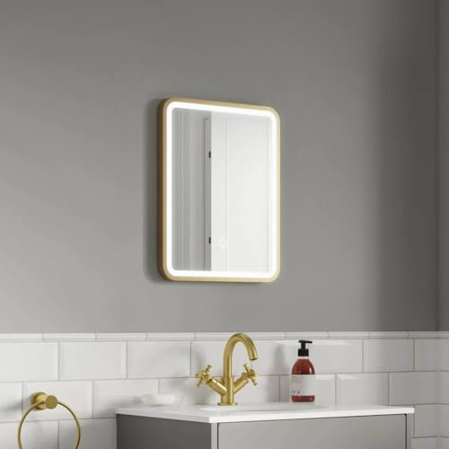 Pebble Grey Illuminated Bathroom Mirror with LED Lights 390x500mm IP44 Rated - Kali 3-Colour Dimmable Gold Framed Wall-Mounted LED Bathroom Mirror with Lights, Demister Pad, Touch Sensor Switch
