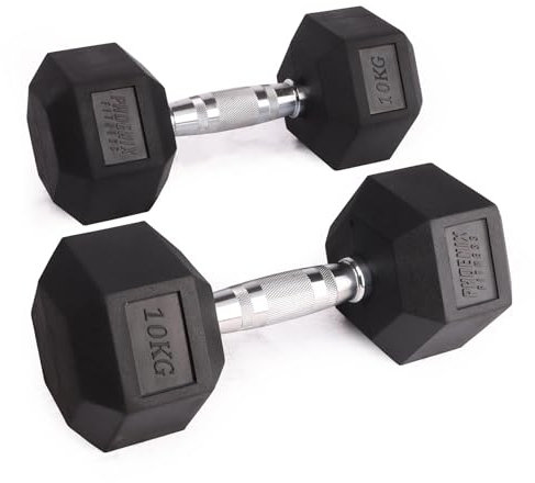 Phoenix Fitness Hex Dumbbells - Pair of Rubber & Cast Iron Hexagonal Dumbbell Hand Weights for Men and Women at Home & Gym - Weight: 10kg