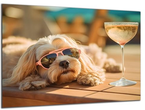 Munera Design - Bild 30x40 - Hund rosa Sonnenbrille am Strand Cocktail - Wand-Bilder Wohnzimmer