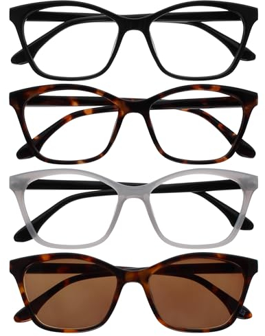 OPULIZE KAT Lese- & Sonnenleser - 4er-Pack - Cat-Eye Katzenaugen-Fassung - Schwarz, Braun, Grau, Braun - Herren & Damen - Federscharniere - RRRS59-1272 - +2.50