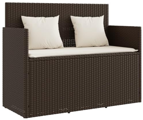 vidaXL Gartenbank mit Kissen, Sitzbank mit Staufach unter Sitzfläche, Parkbank mit abnehmbaren Bezügen, Außenbank Outdoor Bank, Braun Poly Rattan