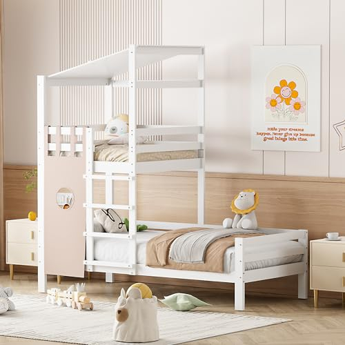 SOFTWEARY Kinderbett mit Lattenrost, Spielturm und Leiter, 90x200 cm, Holzbett aus Kiefer, Einzelbett, Jugendbett (weiß, 90x200 cm)