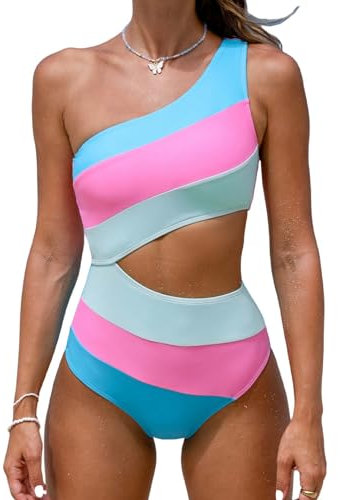 CUPSHE Costume da bagno intero da donna, monospalla con ritaglio a blocchi di colore, Rosa/blu., L