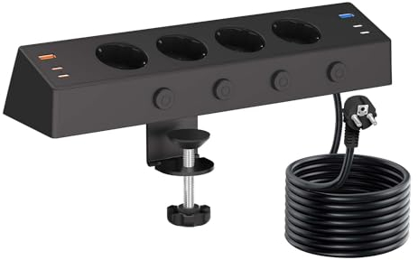 Regleta Enchufes Proteccion Sobretension, Toma de Mesa con USB C, Regleta 4 Enchufes con Conmutable Individualmente,Enchufes Multiple con Dispositivo de Sujecióncon, Cable 2M, Negro
