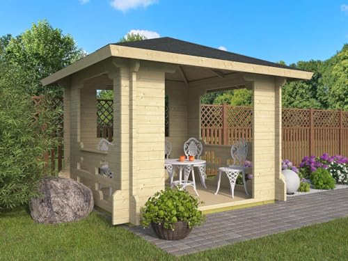 Woodtex Fichte Pavillon Gartenlaube Grillpavillon | Naturbelassen | 300 x 300 cm | 283 cm hoch | 45 mm Wandstärke | mit Fußbodenbretter | Zeltdach