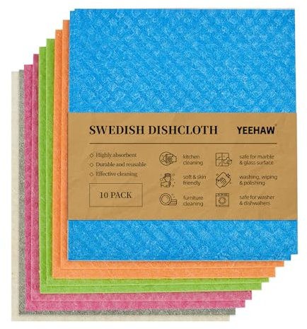 YEEHAW Paños de cocina suecos para cocina, paquete de 10 paños de esponja de celulosa, paños de limpieza reutilizables sin olor, paño de cocina súper absorbente, toalla de mano para cocina, baño