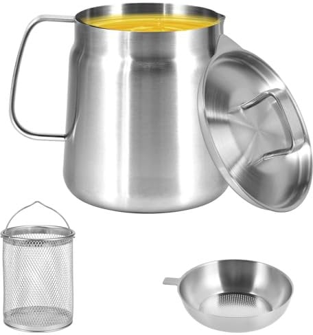 Deep Fat Fryer Strainer 2L Large Capacity Stainless Steel Frying Pot with Filter Lid and Frying Basket Multifunctional Bacon Grease Container with Strainer Pot for Storing Frying & Cooking Grease