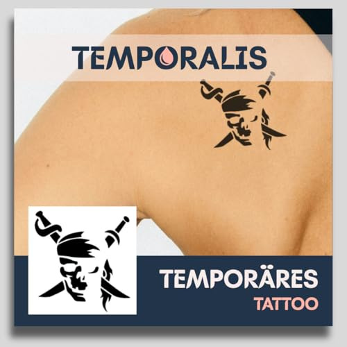 Fake Tattoo Pirat – Temporalis® | Temporäre Tattoos für Erwachsene – EU-zertifizierte Kosmetik, vegan & wasserfest – Hält 1 bis 2 Wochen [ Piratenschädel ]