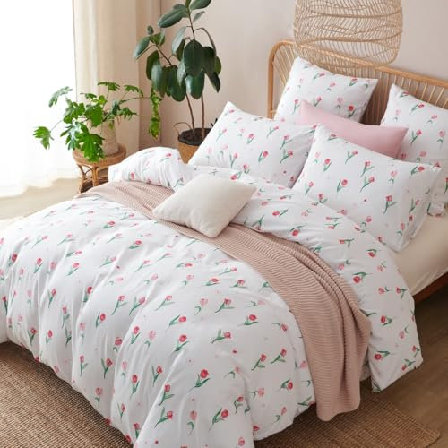 Lanqinglv Blumen Bettwäsche 155x220 Rosa Tulpen mit Weiß Bettwäsche aus Microfaser,ÖKO-TEX Bettwäsche Set - Bettbezug mit Reißverschluss und 1 Kissenbezug 80x80 cm