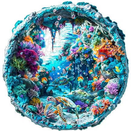 Jigfoxy Wooden Jigsaw Puzzles for Adults, 3D Vision Ocean Wooden Puzzle 290pcs, Unique Animal Shape Wood Puzzles, Birthday Gifts for Family Friend with wooden box(13.4 * 13.1in)