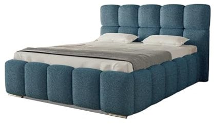 AGMAT-FURNITURE POLSTERBETT Luna mit Kopfteil, 160 x 200 cm, Doppelbett mit Bettkasten und Lattenrost aus Metall, Boucle Stoff: Blau