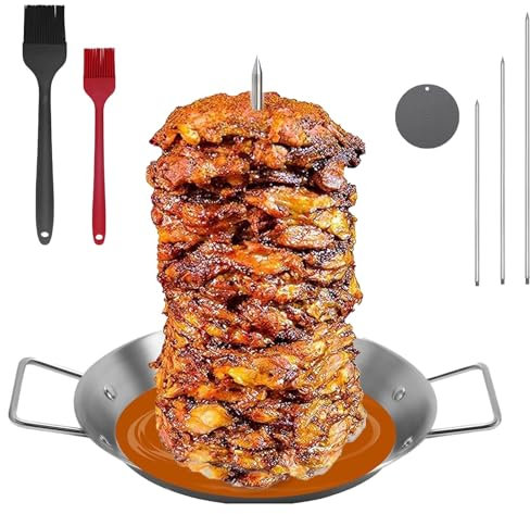 Kebab Plate and Skewer Stand, Stainless Steel Vertical Skewer Kebab Pan with Handle, Gyros Meat Kebabs Spike with 3 Replacement and Oil Bottle Brush Spikes Grill Plate for Whole Chicken Sausage(1pc,10