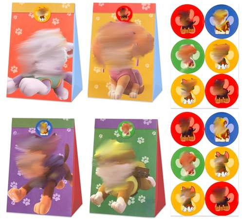 12 Stück Paw Geschenktüten mit 12 Aufkleber, Cartoon Dog Mitgebsel Papiertüten Geschenktüten Kindergeburtstag, Party Süßigkeiten Tüten zum Befüllen mit Spielzeug Souvenir für Geschenkverpackungen
