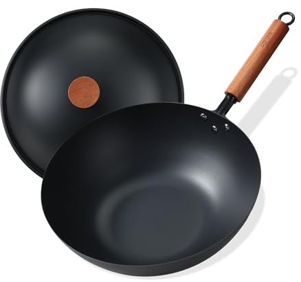 CAROTE 12.5 Carbon Steel Wok Pan, 6.5QT Woks & Stir-fry Pans, No Chemical Coated Pre-Seasoned Flat Bottom Wok with Lid for Stir Fry, BBQ, Grill & Camping, All Stovetop Compatible, Black