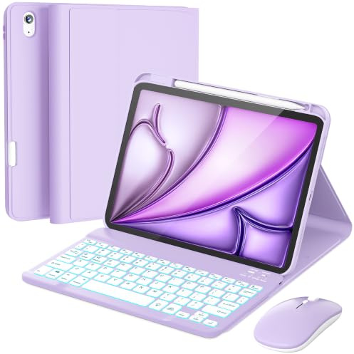 RAYMCRAFT Custodia con tastiera e mouse per iPad Air 11/Air 5th-4th Gen | Tastiera wireless rimovibile, retroilluminazione a 7 colori, portapenne, per iPad Air 11 (M4/M3/M2) e Air 5a/4a generazione