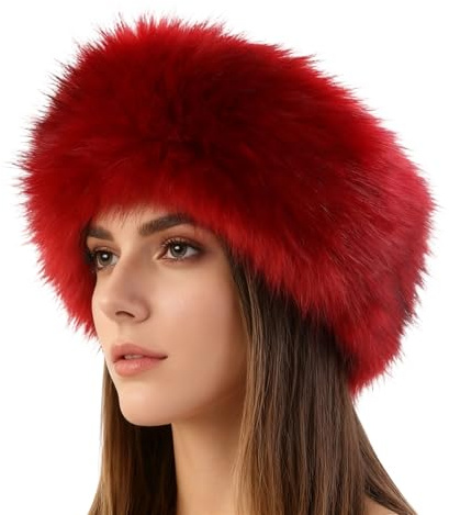 Wokuaile Winter Kunstpelz Stirnband Damen Fellmütze Kopfband Haarband | Ohrenwärmer Flauschige Haarschmuck Rot