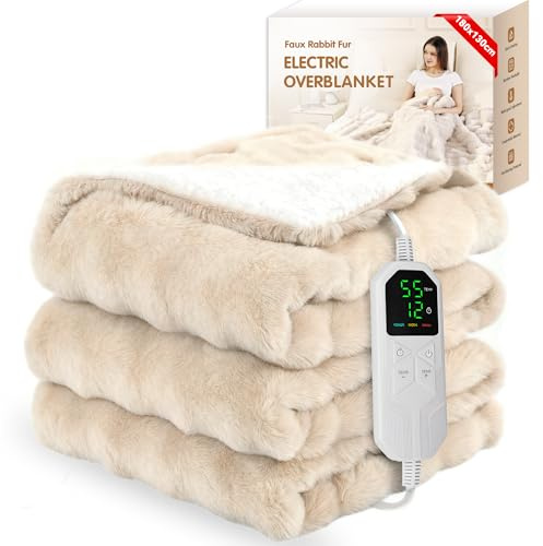 Warmfay Heizdecke mit Abschaltautomatik, 180 × 130 cm Kunstfell Kaninchen Fleece Wärmedecke Elektrisch Heizdecke mit 8 Heizstufen & 1-12H Timer, Waschbar Kuscheldecke für Bett & Sofa - Aprikose