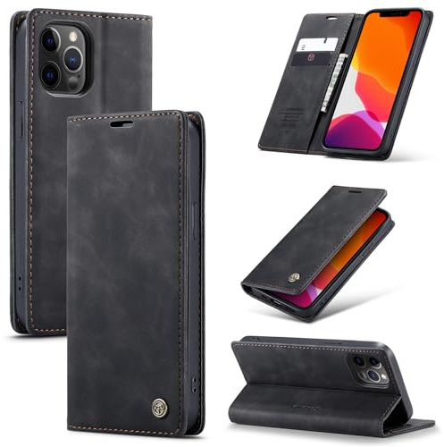 Ottcooed Handyhülle für iPhone 12 Pro Max Hülle, Premium Leder Flip Case, Magnet Klappbar Klapphülle Tasche, Standfunktion Kartenfach Wallet Schutzhülle für iPhone 12 Pro Max, Schwarz