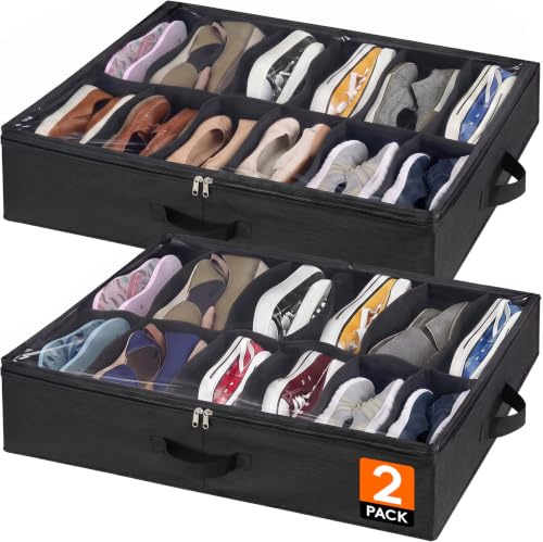 Lifewit 2 Stück Unterbettkommode für Schuhe, Aufbewahrungsbox, Schwarz | Faltbare Schuhorganizer, Aufbewahrungstasche, Shoe Organizer Bettkasten für Männer Frauen, 2 x 12 Paar