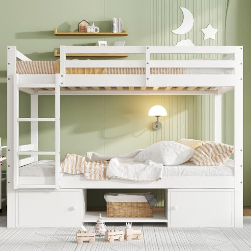 Merax Etagenbett für Kinder, Weiß, 90x200cm, Mit Schuhregalen & Schließfächern, Flexibel Teilbar in 2 Einzelbetten, Jugendbett, Multifunktionales Design