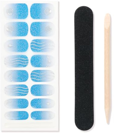 MOTIBACK 16pcs Ocean Theme Semi Cured Gel Nail Strips, Gel Nail Wraps with UV/LED Lamp, DIY Nail Art Stickers Kit Includes Wood Stick & File