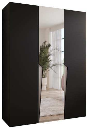 MEBLE KRYSPOL - Kleiderschrank - Garderobenschrank - 150 cm x 202 x 52 cm - Schrank mit Kleiderstange und Spiegel, 3 Türen - für Schlafzimmer, Flur - Piano, Schwarz, Griff Kaschmir