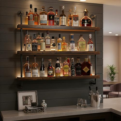 FKKPRVAX 80CM Weinregal 3 Ebenens Industrie-Stil Wand Massivholz | chwebendes Flaschenregal, Multi funktionaler Weinpareite Display Rack für Bars, Weinregal Wand Restaurants und Zuhause