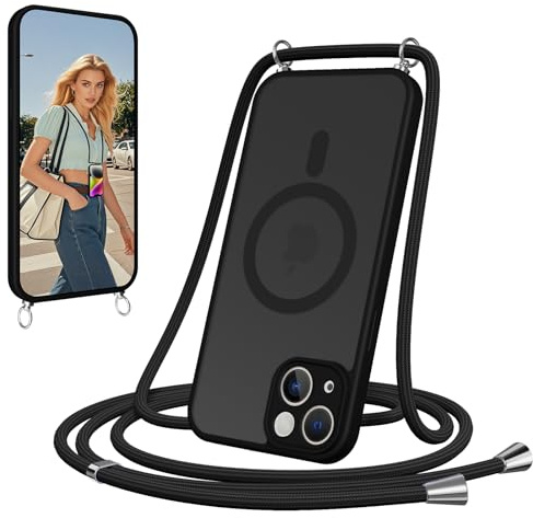 Olgary Coque Magnétique pour iPhone 14 avec Cordon,[Compatible avec MagSafe] Etui Translucide Mat Arrière Antichoc Réglable Portable Lanyard Case Protection,Noir