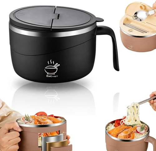 304 Stainless Steel Instant Noodle Bowl with Lid, 1200ML Double-Layer Thermal Insulation Instant Noodle Bowl, Heat Resistant Soup Bowl with Handles, Spoon & Chopsticks, Lunch Box for Kitchen (Black)