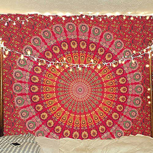 Bless International Indischer Hippie Bohemian Psychedelic Peacock Mandala Wandbehang Bettwäsche Tapisserie (Golden Red, Queen (213x288Inches) (215x230Cms))