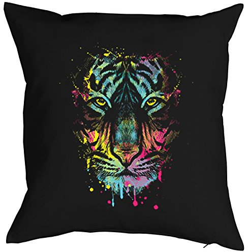 Unbekannt Tiger Motiv Kuschelkissen - buntes Tiger Wildkatzen Kissen : Dripping Tiger Kissen mit Füllung Farbe: schwarz