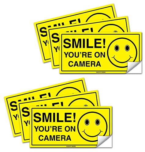 (Set of 6) Smile You're On Camera Sign - 2 x 4 - 4 Mil Vinyl - Laminated for Ultimate Protection & Durability - Self Adhesive Decal - UV Protected & Weatherproof - Heavy Duty