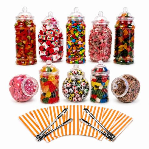 Truly Sweet Candy 10 Assorted Plastic Sweet Jars, 2 tongs, 50 Bags for Parties, Weddings, Candy Buffet (Orange)