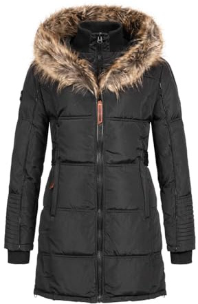 Geographical Norway Beautiful Lady - Warm Mid Thick Parka Frauen Herbst Winter - Fin Mantel Kapuze Pelz - Jacke Windschnitt Daunenjacke Long - Elegant Fraus (Schwarz XXL-Größe 5)
