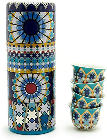 Images D'Orient Set de Regalo 2 en 1 Cajas de Metal con 4x60 ml Tazas de Porcelana para Espresso Tazas para esspresso Tazas para café Moca en Platos de Cocina mediterránea de diseño Oriental.