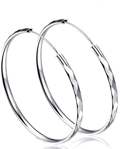 Fu You Fu You 925 Silber Ohrringe Runder Kreis Schläfer Creolen Silber Raute Große Creolen 50mm Ohrringe für Damen Damen