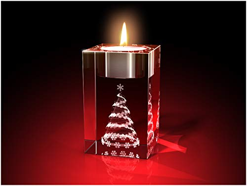 GLASFOTO.COM, Weihnachten Teelichthalter, 50 x 80 x 50 mm, Kristallglas 3D Innengravur in Premiumqualität (50 x 80 x 50 mm Weihnachtsbaum Teelicht)