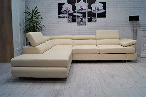 Quattro Meble Cremefarbe Echtleder Ecksofa LTN 275 x 225 Sofa Couch mit Schlaffunktion, Bettkasten und Kopfstützen Echt Leder Eck Couch (225 x 275 cm Ecke Links)