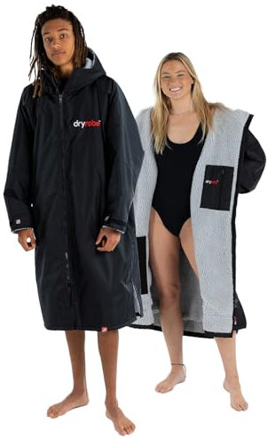 Dryrobe Advance Waterproof Changing Robe - LONG SLEEVE Oversized Change Robe Coat with Fleece Lining - Hooded Jacket for Beach, Wild Swimming, Surfing Adult Small - Black/Grey