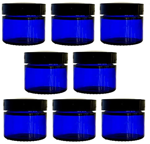 Avalon 50ml Blue Glass Jar with Black Lid ~ Pack of 8 ~ Refillable, Reusable ~ Perfect for Moisturisers, Small Beads, Grooming Products, Face and Body Balms, and More