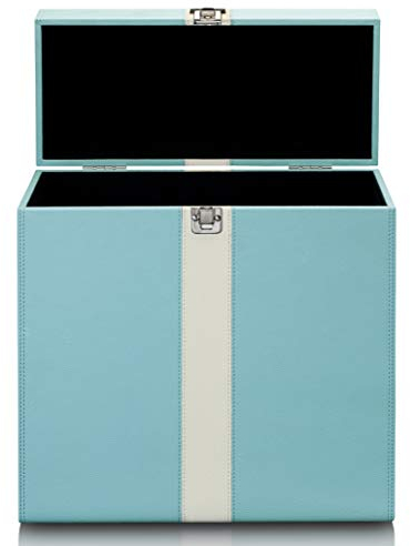 Lenco Classic Phono TTA-300 30 Schallplatten Aufbewahrungskoffer mit Tragegriff und Metallschnalle Samt-Schutzfutter blau/weiß