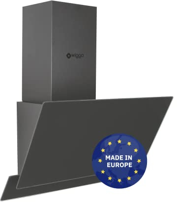 Wiggo Hotte aspirante 50 cm sans tête I évacuation d'air recirculation 300 m³/h – Écran tactile LED 3 niveaux I inclinée filtre à graisse & 2 filtres à charbon I 2 parties avant en verre gris