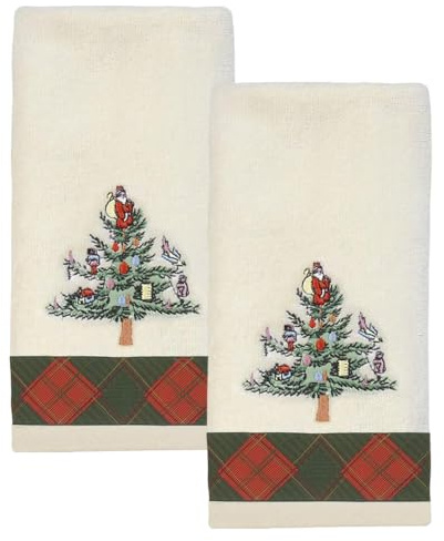 Spode - Fingertip Towels, Soft & Absorbent Cotton, Set of 2 Christmas Tree Tartan Collection